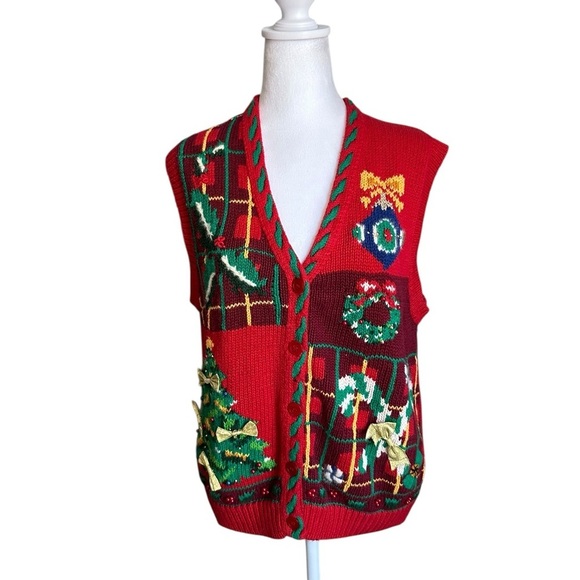 Jennifer Moore Festive Ugly Christmas Sweater Vest Women's L Red Hand Knitted - Picture 3 of 17